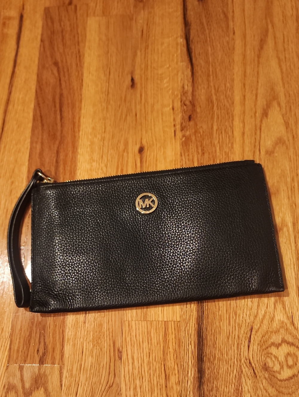 Michael Kors Black Pebbled Leather Wristlet with Gold Logo